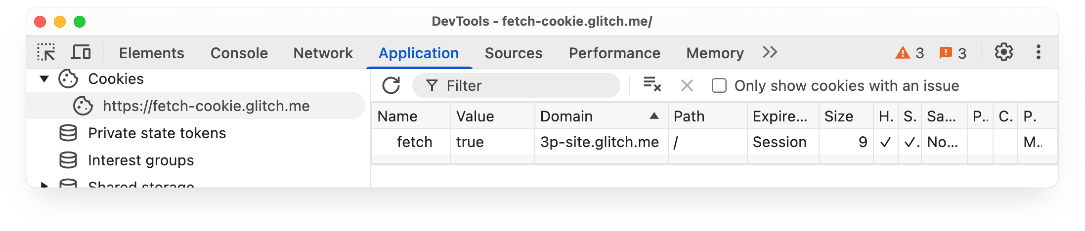 Cookie fetch=true shown in the Application panel Cookie pane in Chrome DevTools