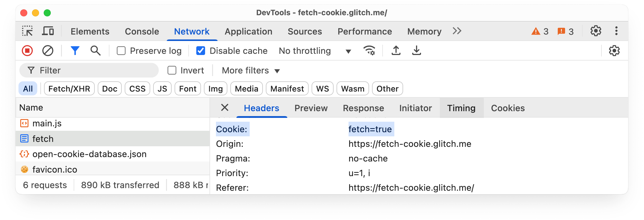 Cookie fetch=true shown in the Application panel Cookie pane in Chrome DevTools